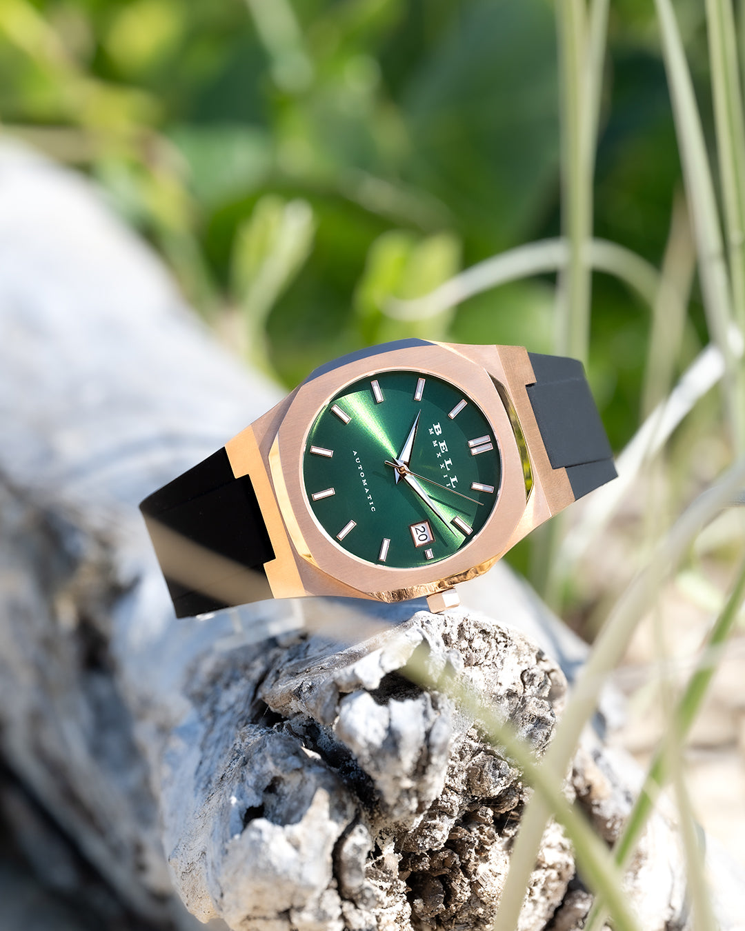 Bell S01 Rose Gold Green Edition Automatic Watch with Silicone Strap