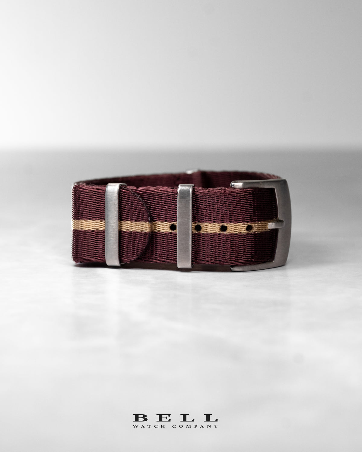 Premium Nylon 20mm Watch Strap Maroon with Khaki Stripe and Silver Hardware Watch Strap