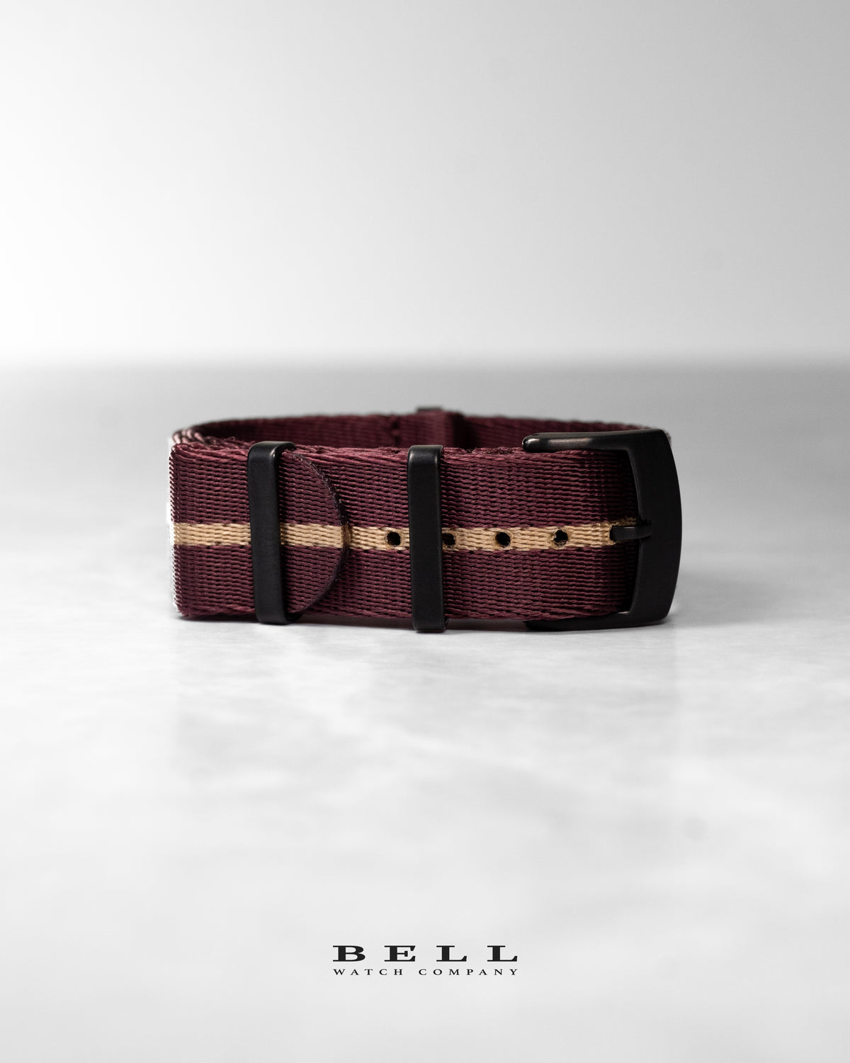 Premium Nylon 20mm Watch Strap Maroon with Khaki Stripe and Black Hardware Watch Strap